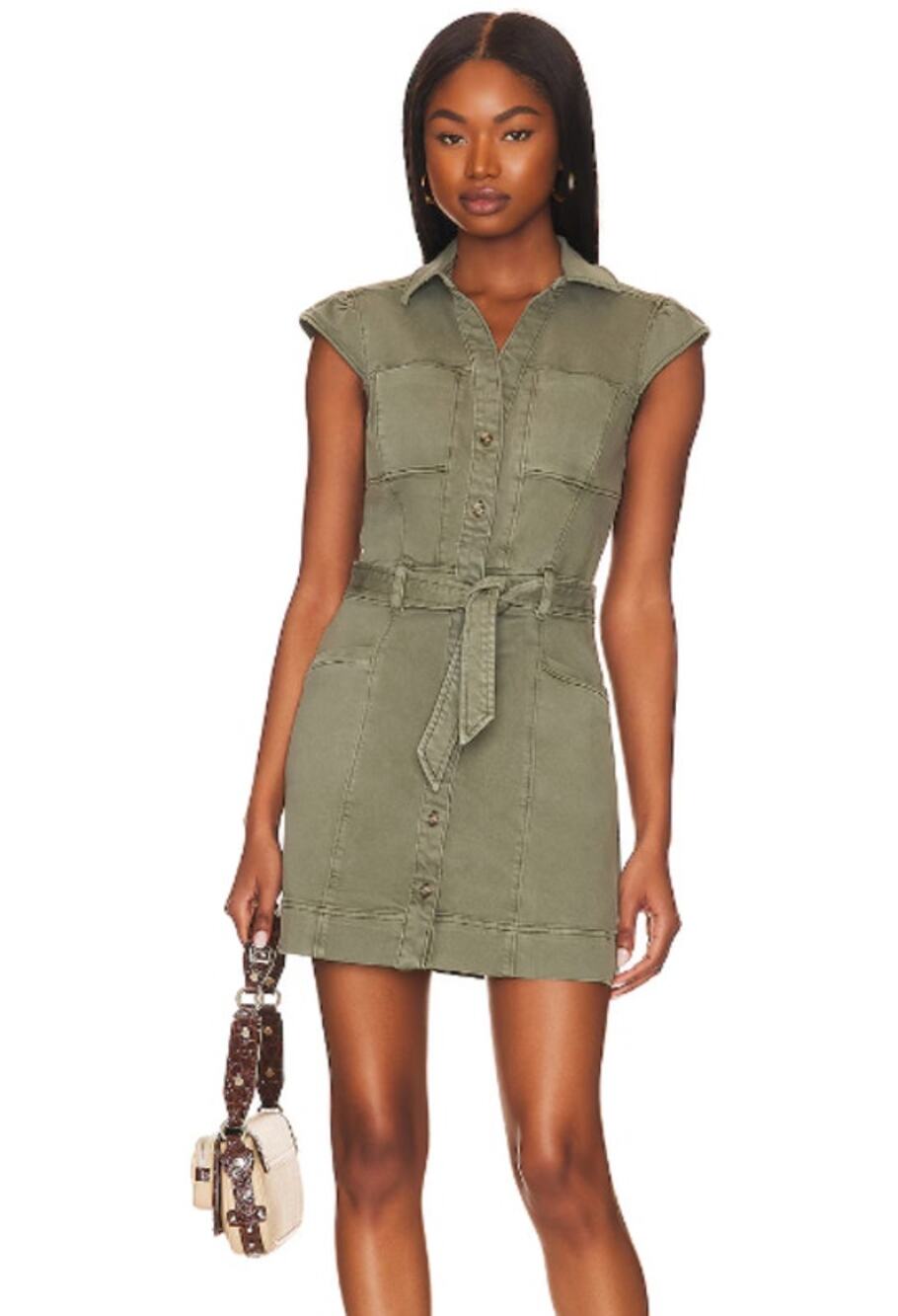 PAIGE Jaxsyn Denim Dress Vintage Ivy Green Belted Button Front Women's 0